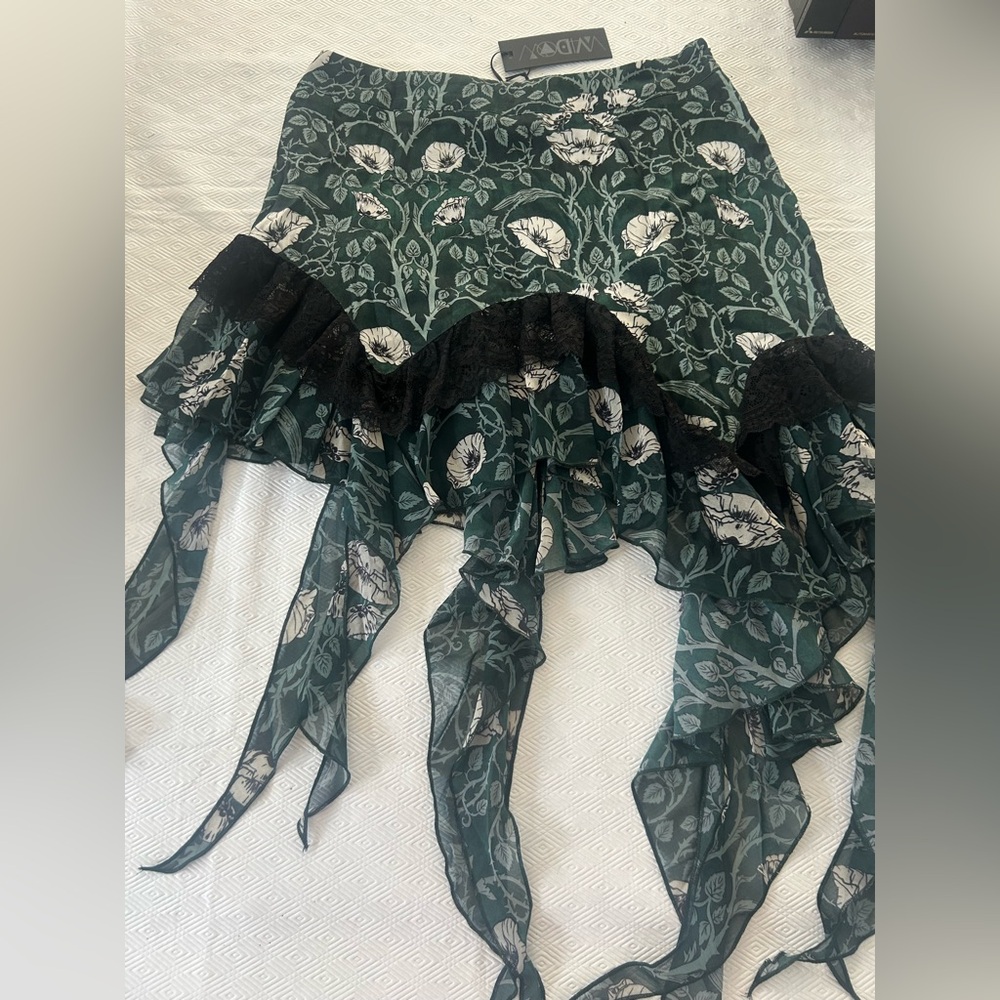 Dolls Kill Widow Green Floral Ruffle skirt